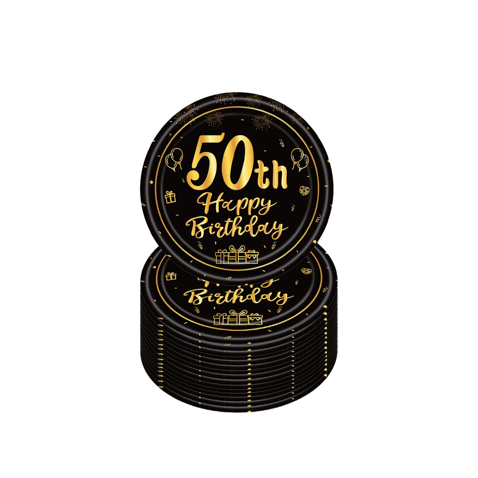 Happy 50th Birthday Paper Plates, 7” Black & Gold, 16 Pcs Disposable Party Plates for Him & Her