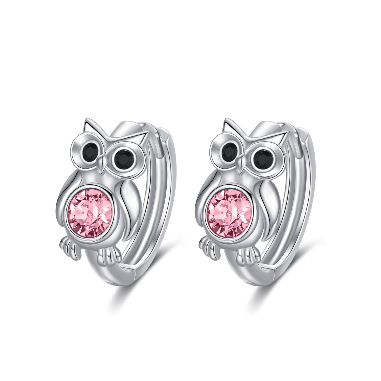 AOBOCO Sterling Silver Owl Hoop Earrings Owl Jewellery Gifts for Women Girls (Pink)