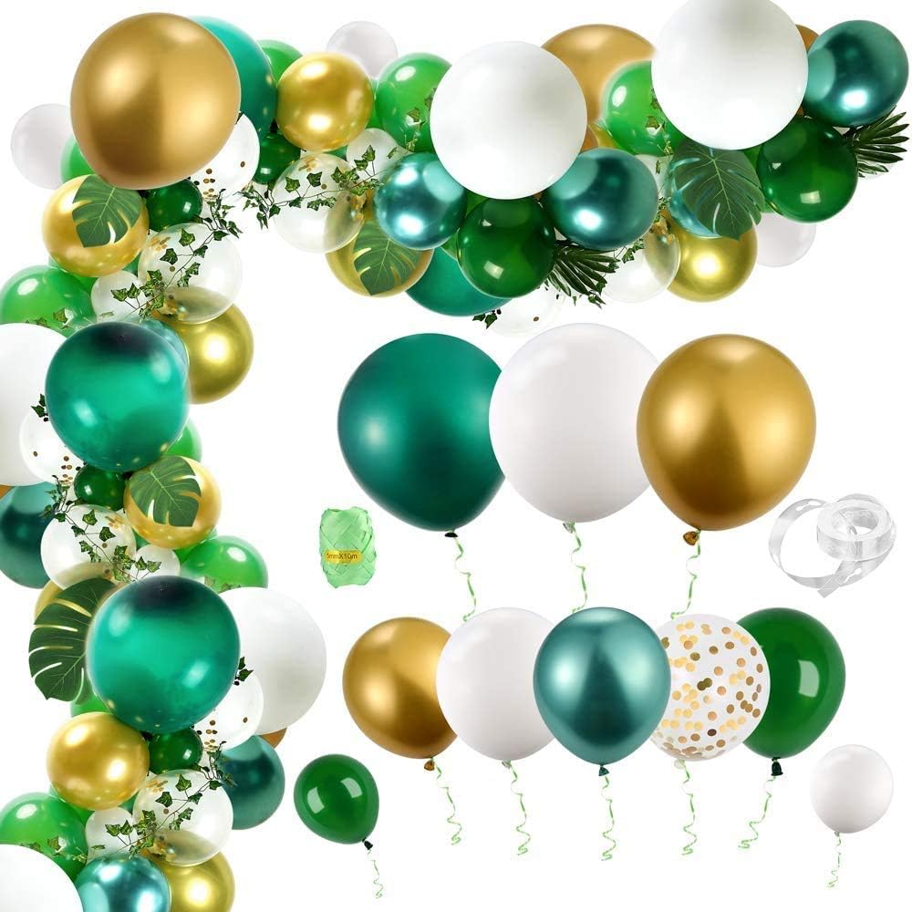 123pcs Safari Jungle Balloon Garland Arch Kit, White, Green and Gold Confetti Latex Balloons, Metallic Balloons with Palm Leaves & Artificial Ivy Vines for Kids Boys Baby Shower Birthday Wild Party Th