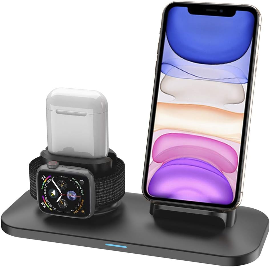 Wireless Charger, 3 in 1 Wireless Charging Stand for Apple Watch 5 and iPhone Airpods, Wireless Charging Station compatible for iPhone 11/11 Pro/X/XR/Xs/8 Plus Apple Watch Charger 5 4 3 2 1 Airpods1 2