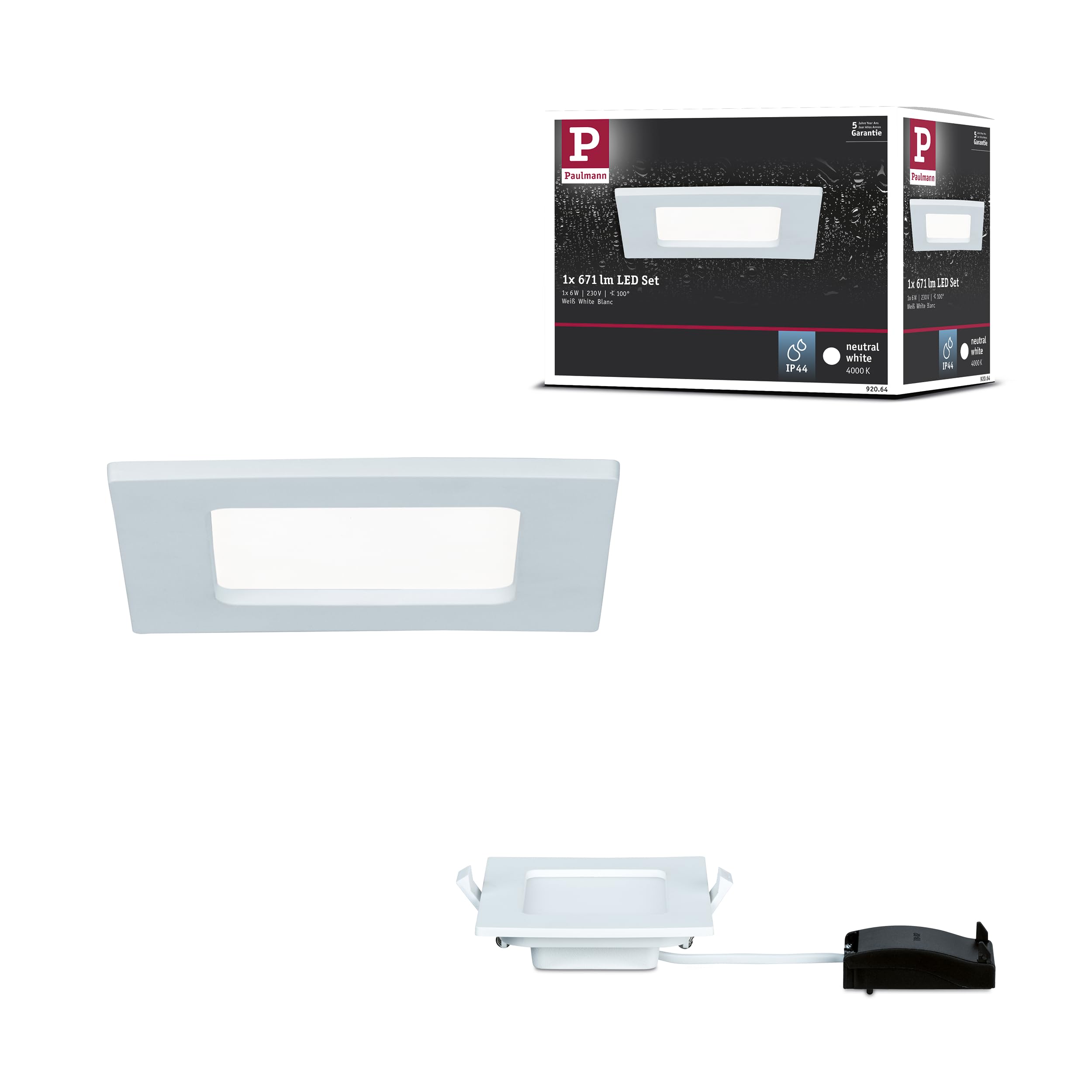 Paulmann 92064 Square Ceiling 4000 K Neutral White LED Panel IP44 Splash Proof Includes Bulb Recessed Light Plastic 6 W, Fest verbaut