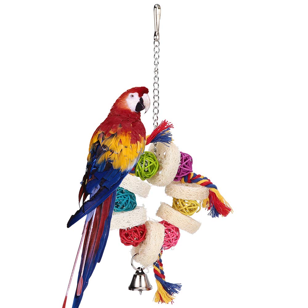 Pssopp Natural Colorful Loofah Bird Cage Toy for Parrots - Hanging Swing Chewing Rope Playing Toy with Rattan and Cotton Shreds