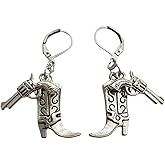 Cowboy Boot and Gun Charm Lever Back Earrings, Western Cowgirl Boot Dangle Pendant Ear Clip for Man Woman, Texas Cool Style Creative Jewelry