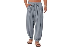 Gafeng Mens Linen Yoga Pants Elastic Waist Drawstring Summer Beach Loose Fit Casual Tapered Trousers