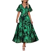 ZESICA Women's 2026 Summer Floral V Neck Midi Dress Boho Short Sleeve High Waist Flowy Beach Vacation Dresses with Belt
