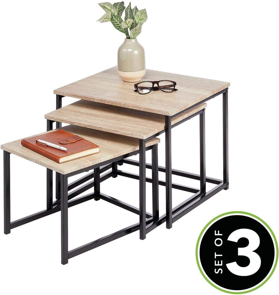 mDesign Modern Farmhouse Nesting Side/End Table - Metal Wood Design - Sturdy Vintage, Rustic, Industrial Home Decor Accent Furniture for Living Room, Bedroom - Set of 3 - Natural/Black: Home & Kitchen