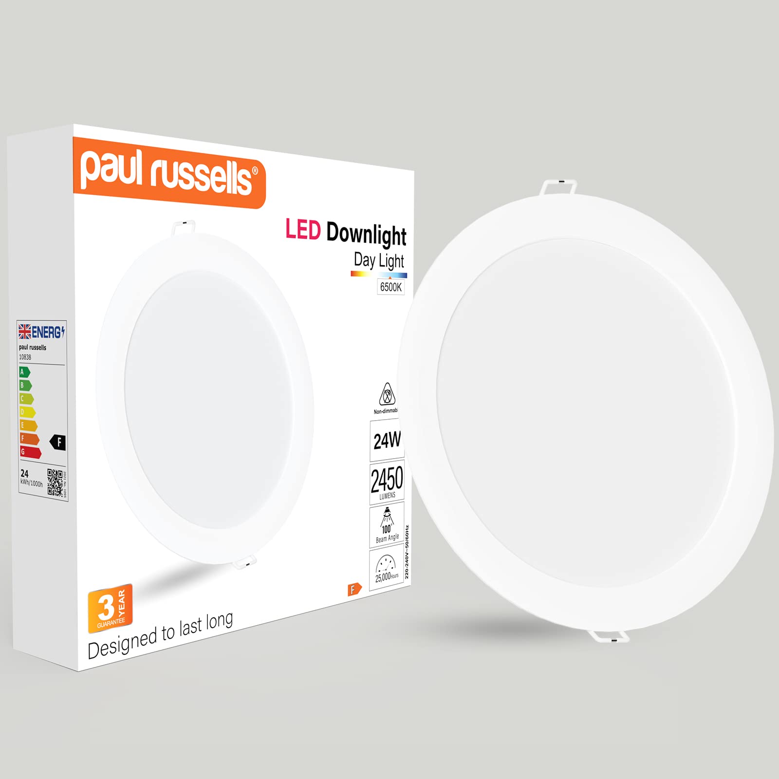 paul russells LED Ceiling Downlights, 24W Slim Recessed Bathroom Downlights, Kitchen Ceilings, 2450 Lumens, 6500K Daylight White, Cutout 195-205mm, Round Non-Dimmable Panel Spotlights, 1 Pack