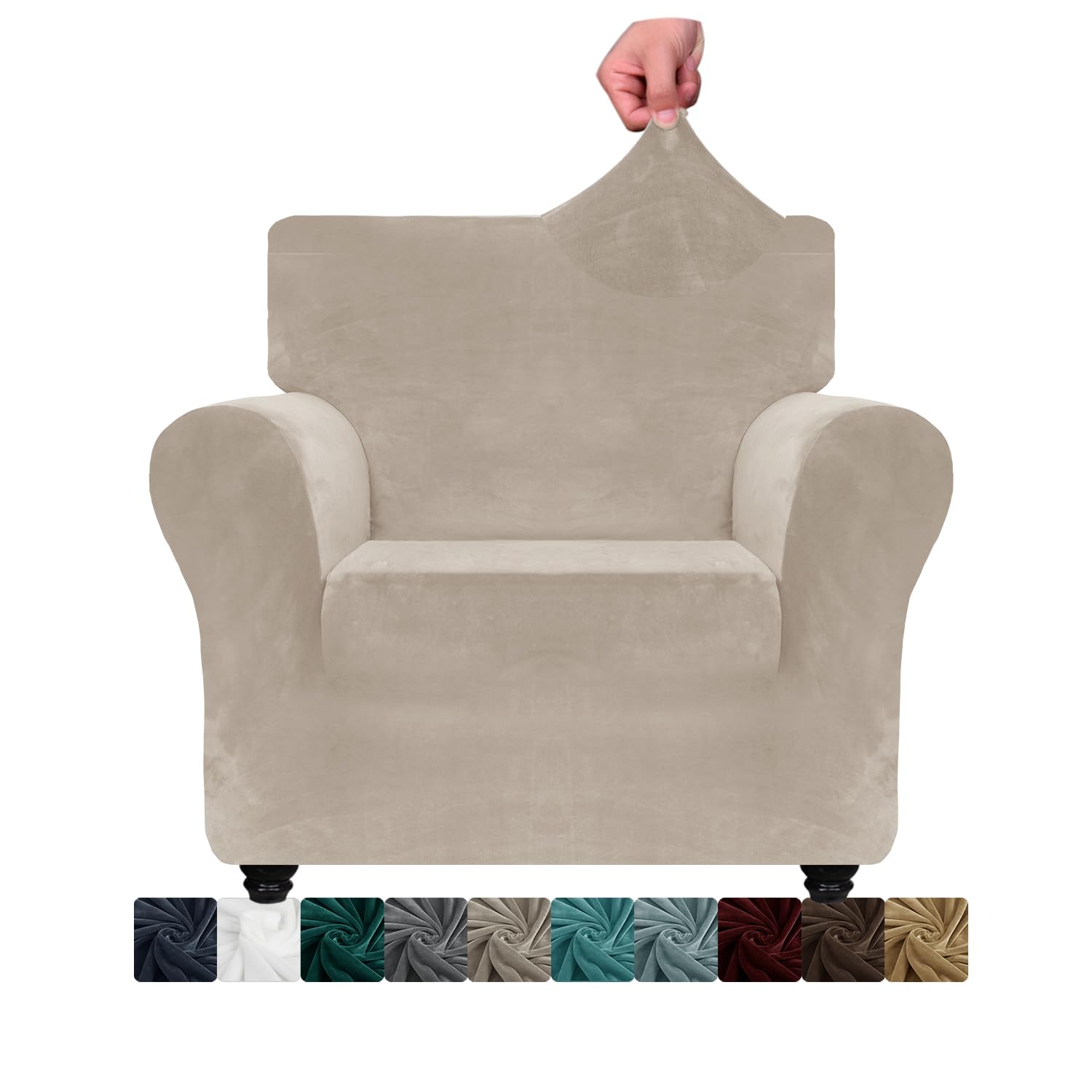 CHELZEN Velvet Chair Covers for Armchairs 1 Seater Thick Stretch Couch Covers for Dogs Pets Non-Slip Chair Slipcover with Arms Furniture Protector for Living Room (1 Seater, Khaki)