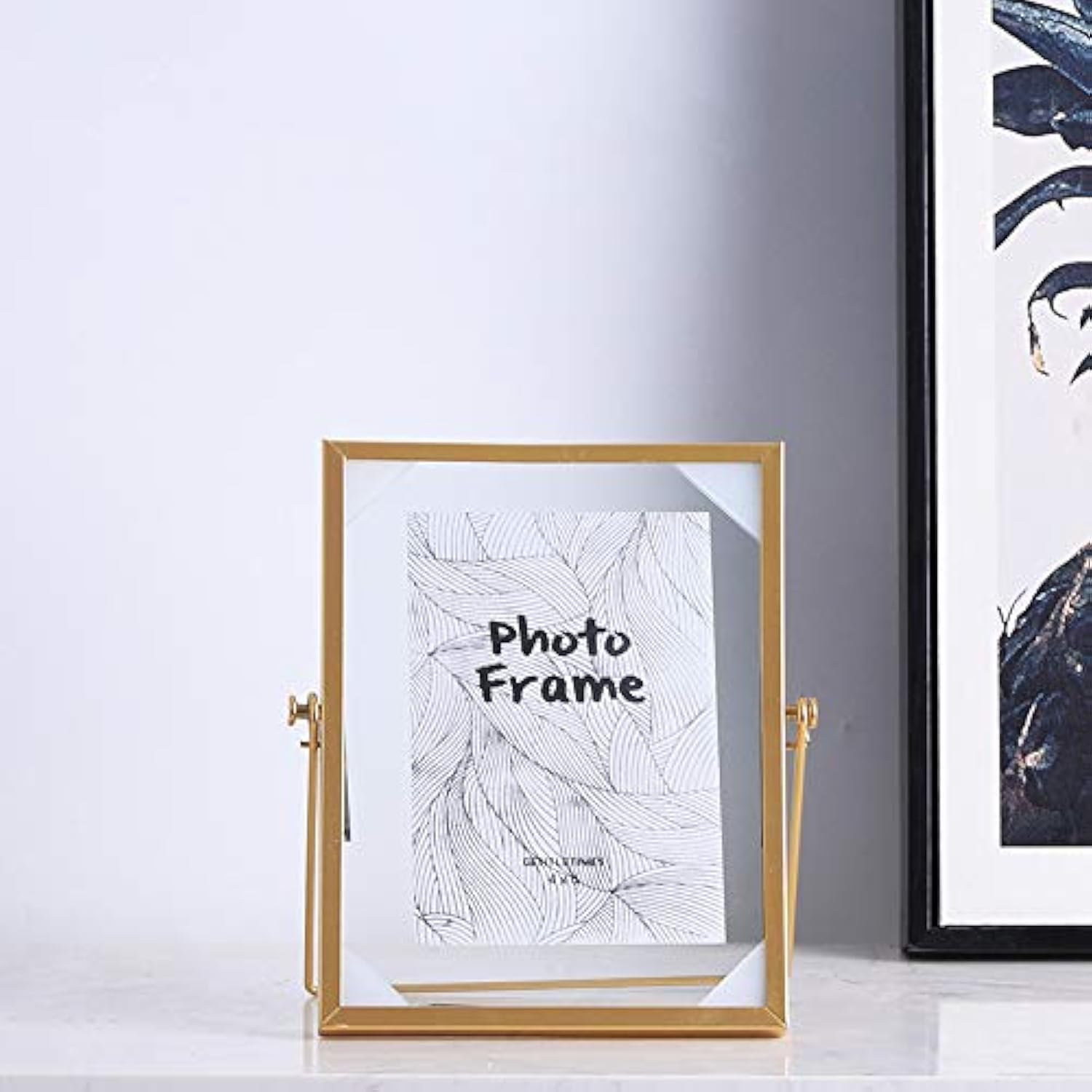 2 Pack 4x6 Glass Photo Frame Metal Geometric Picture Frame Metal Floating Glass Picture Frame with Easel (Vertical), For Photos, Art, Tabletop Display (Gold)