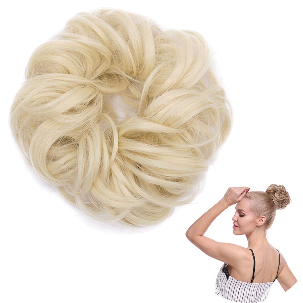 Messy Updo Hairpiece Scrunchy Hair Bun Extension [Bleach Blonde] Curly Hair Ribbon Ponytail Extensions