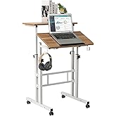 SIDUCAL Small Standing Desk, Portable Stand Up Desk, Height Adjustable Mobile Standing Table Converter with Wheels Computer Workstations, Rolling Laptop Cart for Stand or Sit, Vintage Oak