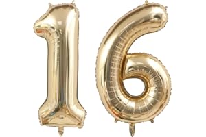 ANGEL Q HOUSE 40 Inch Light Gold 16 Number Balloons White Gold Giant 16 Foil Mylar Helium Large Digital Balloon Champagne Gold Birthday Numbers Jumbo Balloons 16th or 61st Anniversary Party Decorations Supplies