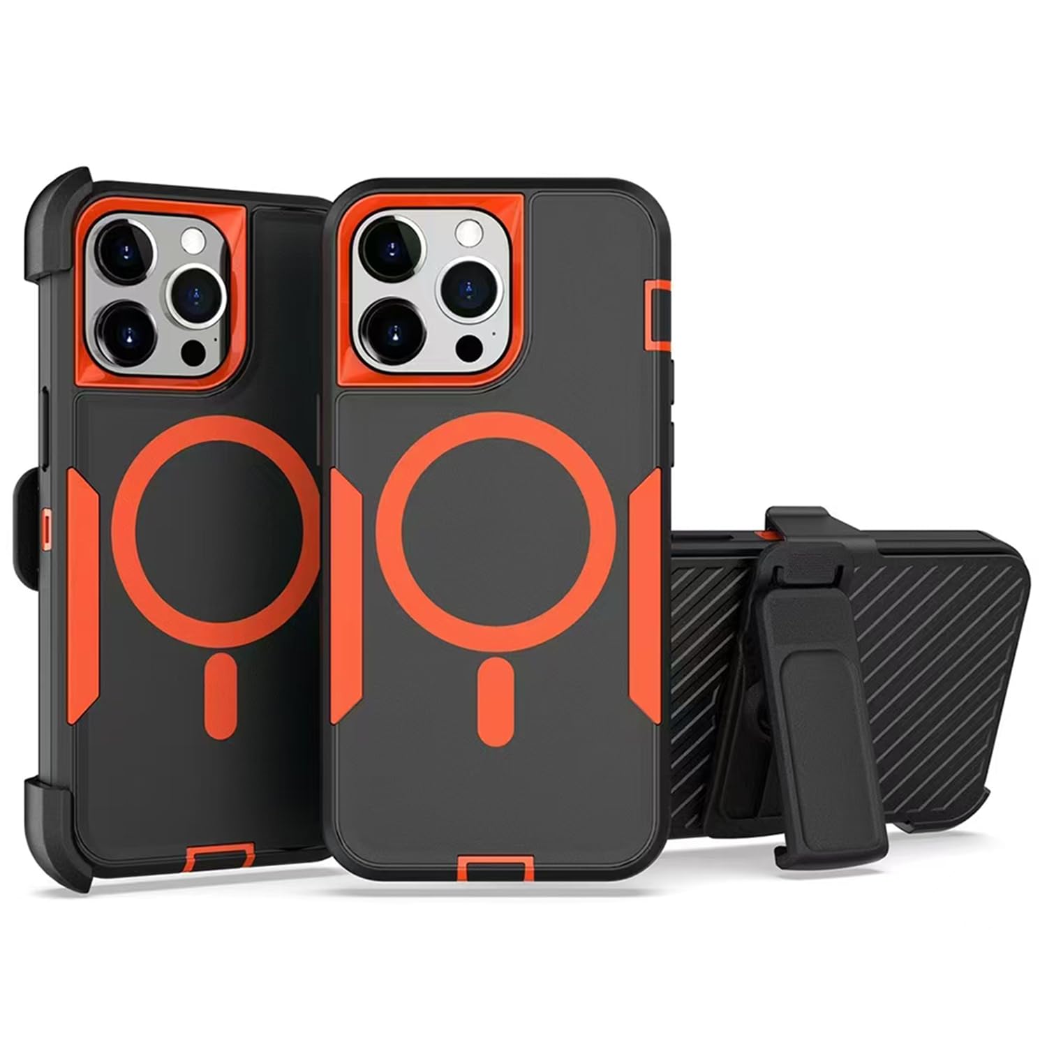 showdd Designed for iPhone 15 Pro Max Case,Magnetic,Double Protection,Tough Durable,Compatible with MagSafe,Detachable Back Clip,Dustproof,No Fading,No Yellowing,Non-Slip,for Men Women,Black Orange