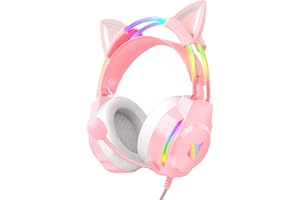 ONITOON Gaming Headset with Microphone, Cat Ear Headphones for PC Laptop PS4 PS5 Xbox Switch, Rainbow RGB Lighting & Virtual Surround Sound, 3.5mm Wired Over Ear Headphones, Ergonomic