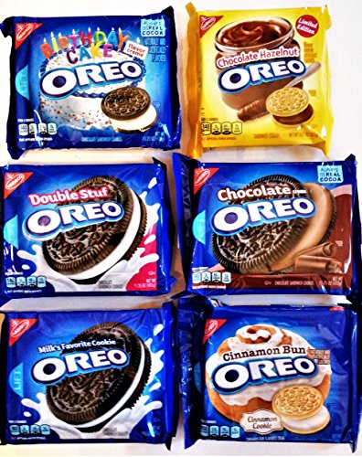 OREO COOKIES Ultimate WINTER VARIETY PACK. 6 Full Packs: CHOCOLATE HAZELNUT, CINNAMON BUN, BIRTHDAY CAKE FLAVORED CREME, ORIGINAL, DOUBLE STUFF, CHOCOLATE CREME.