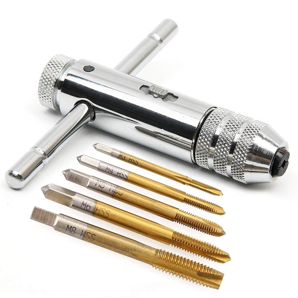 Deolven 5pcs HSS T-Shape Adjustable Tap Set with 5pcs Manual Thread M3-M8-3mm-8mm