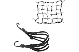 2 Piece Set Motorcycle Cargo Net with Elastic Strap, 40x40 cm Net and 60 cm Strap, Black