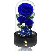 Vryblos 3 Preserved Flowers Roses in Glass Dome with Light for Beauty and The Beast Decor Real Rosas Eternas for Women Mom Birthday,Forever Blue Roses for Delivery,Christmas for Wife Girlfriend Her
