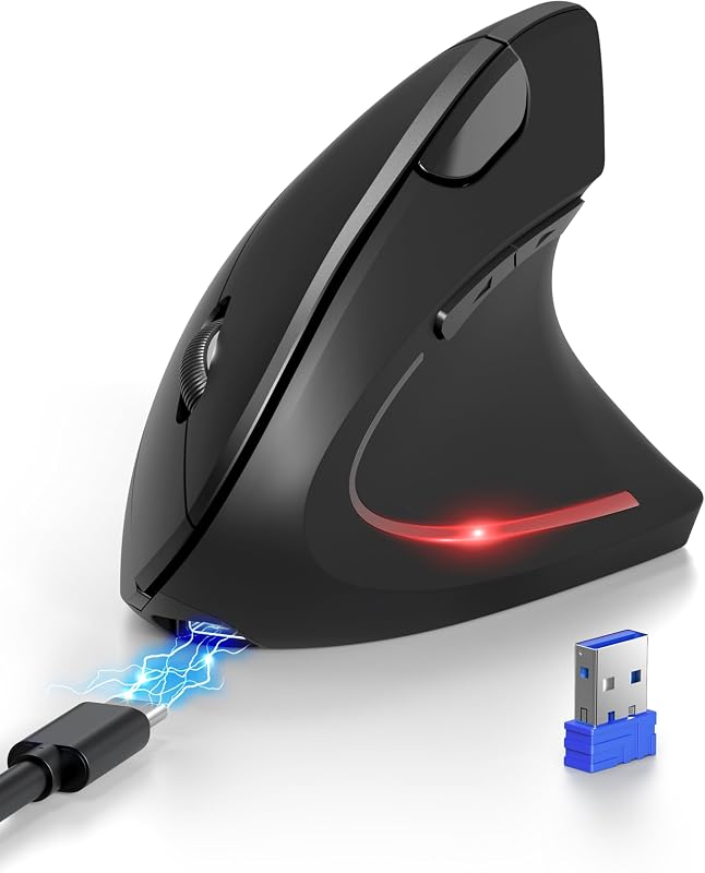 Ergonomische Bluetooth Maus, Wiederaufladbar Kabellose Vertikale Maus (BT 5.0/3.0 + 2.4G), 6 Einstellstufen bis 4800 DPI, Optische Leise Funkmaus mit USB-A-Empfänger, Breite Kompatibilität