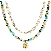 KissYan Beaded Necklaces for Women, 14k Gold Plated Layered Pendant Necklace with Link Chain, Boho Natural Gemstone Choker Summer Beach Jewelry