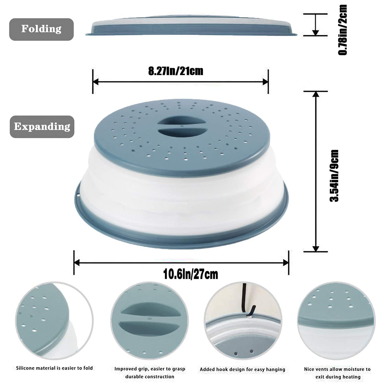 2 Stück Faltbare Mikrowellen Abdeckung, Deckel für Mikrowelle, Abdeckhaube für Mikrowellendeckel, Hoch Mikrowellen Spritzschutz, Faltbare Mikrowellenabdeckung mit Haken, für Obst, Gemüse (Grau, Blau) 3