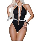 OYOANGLE Women's Metallic Tape Sleeveless Halter Bodysuits Backless Cut Out Thong Bodysuit Tops Concert Outfits