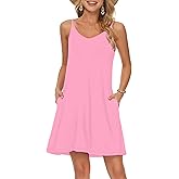 MISFAY Women's Summer Spaghetti Strap Casual Swing Tank Beach Cover Up Dress with Pockets(Pink,XL)