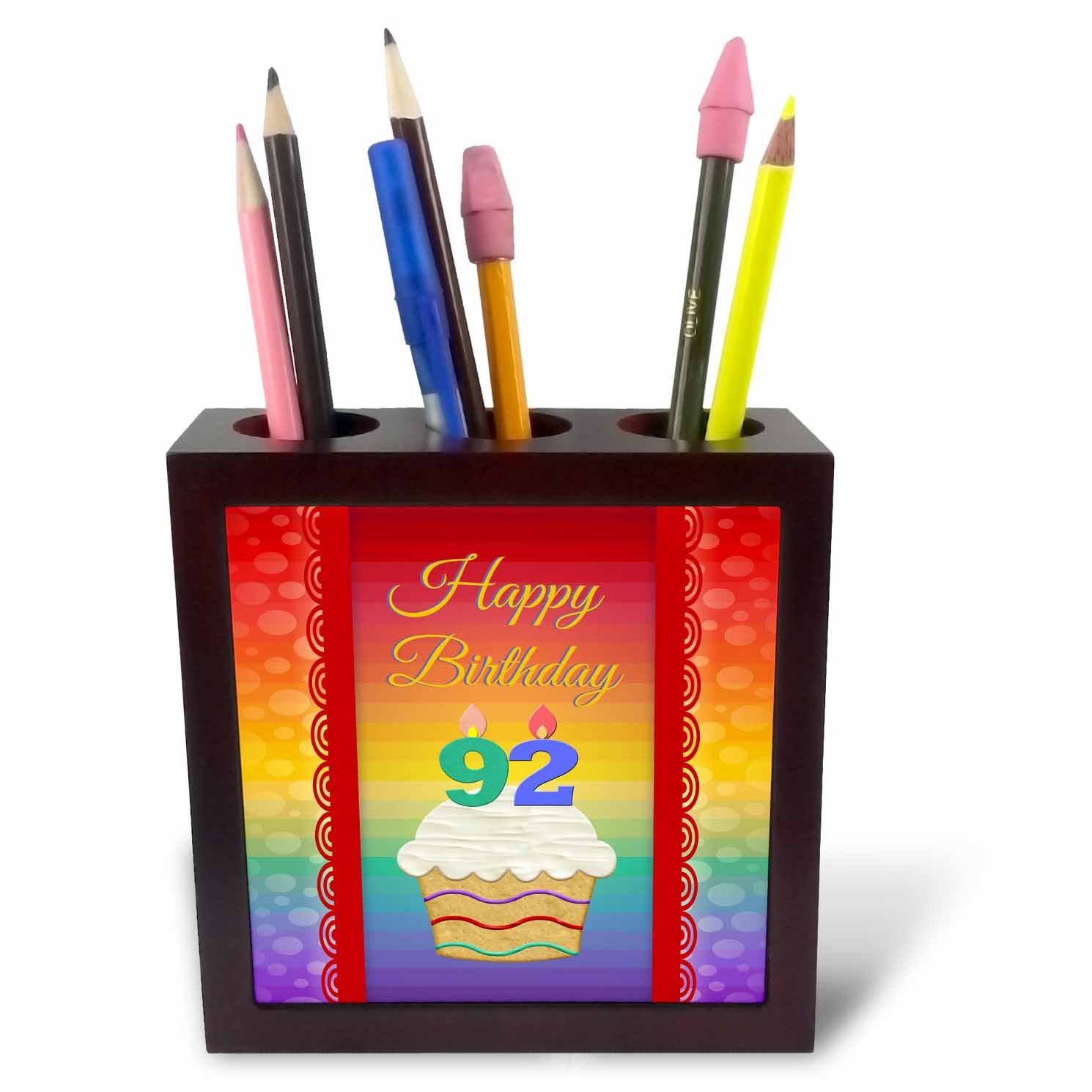 3dRose ph_244842_1 5-Inch "Cupcake with Number Candles/92 Years Old Birthday" Tile Pen Holder