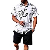 WDIRARA Men's 2 Piece Outfits Tropical Print Short Sleeve Collared Shirt and Drawstring Shorts Set