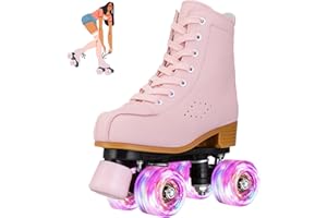 jessie Roller Skates for Girl and Women, PU Leather Light up Kids Roller Skates, Cute Adjustable Four-Wheel Beginner Youth Roller Skates Girls Ages 8-12 Outdoor Indoor