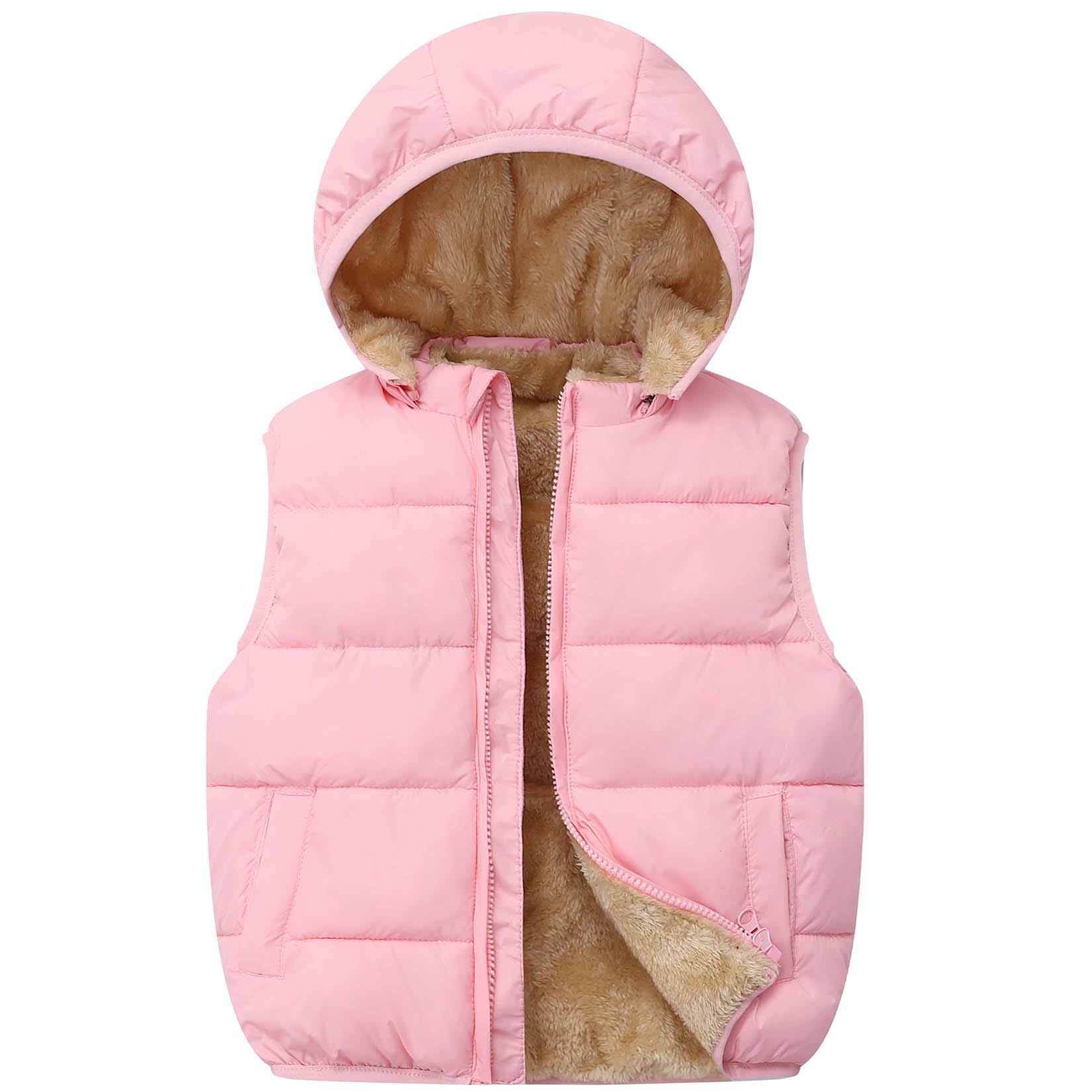 Photo 1 of Achiyi Toddler Winter Puffer Vest Warm Hoodie Sleeveless Coat Hooded Fleece Outwear Jacket for Baby Boys Girls Pink 3-4T 110