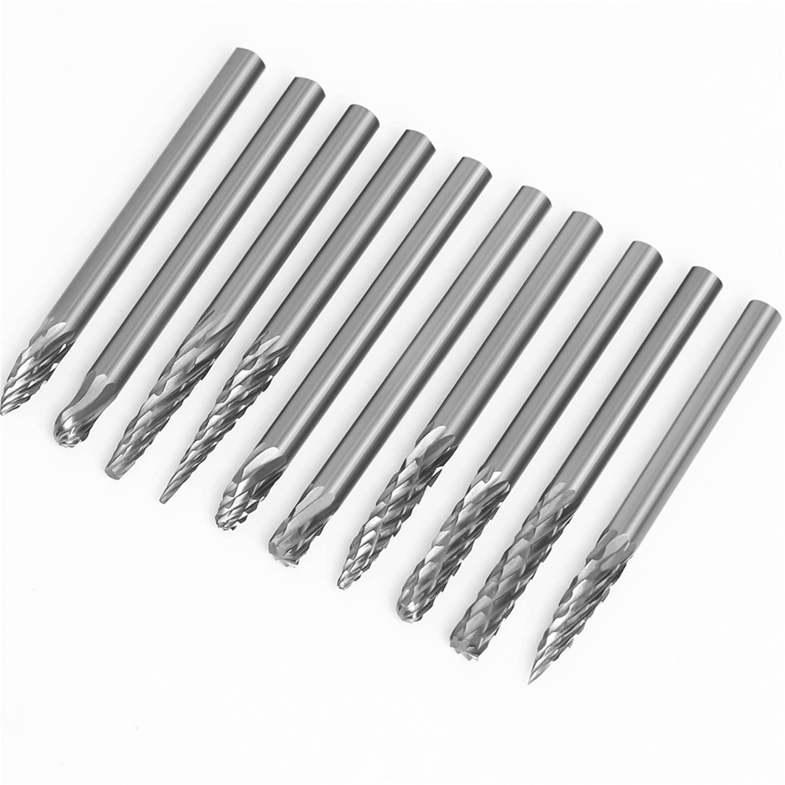 Boxonly 10Pcs Tungsten Carbide Rotary Burr Die Grinder Bits Set Double Cut 1/8" Shank Rotary Tool Grinding Head Diameter 3mm for Woodworking Drilling DIY Engraving Metal Polishing