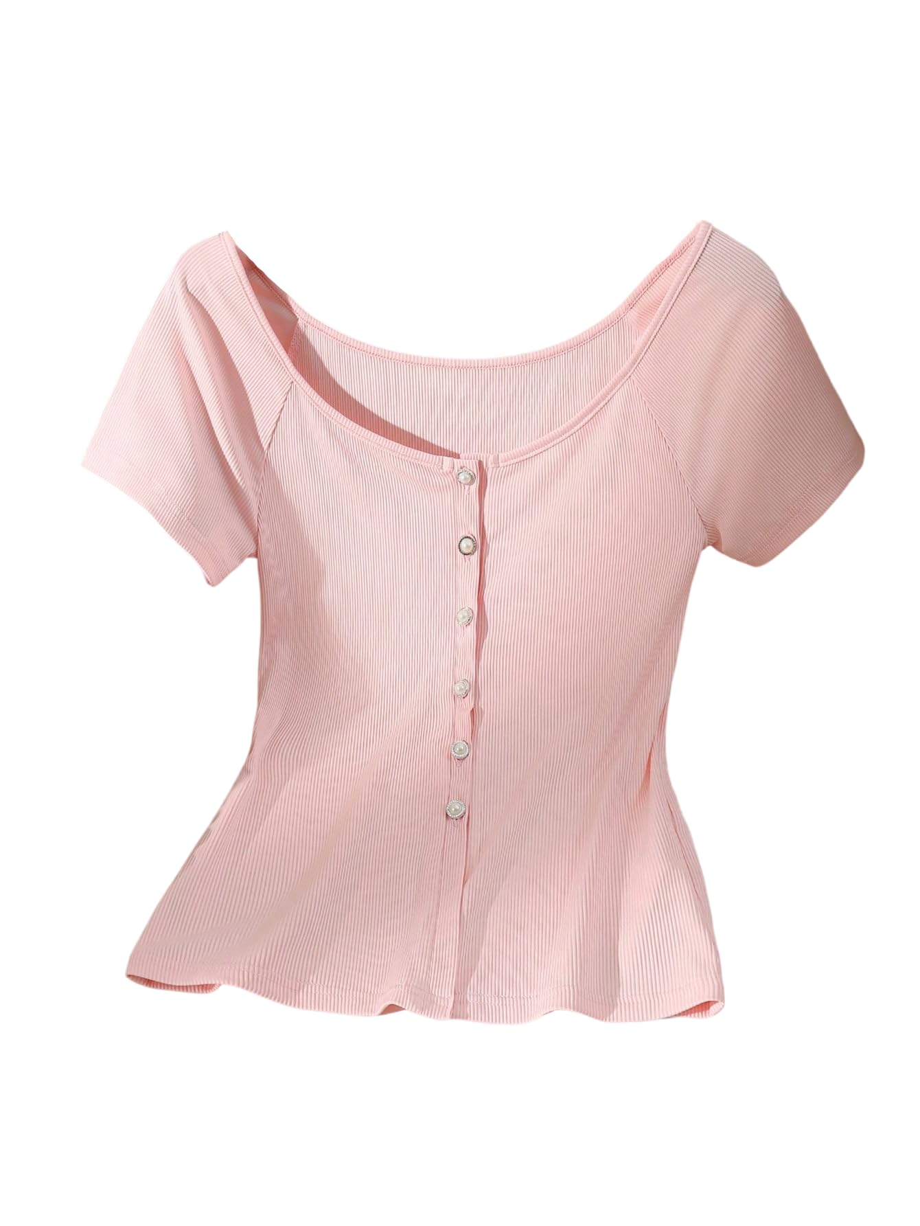 View 1 of ***MISSING A BUTTON

Floerns Women's Pearl Button Down T Shirt Scoop Neck Short Sleeve Fitted Y2k Tee Tops Pink X-Large