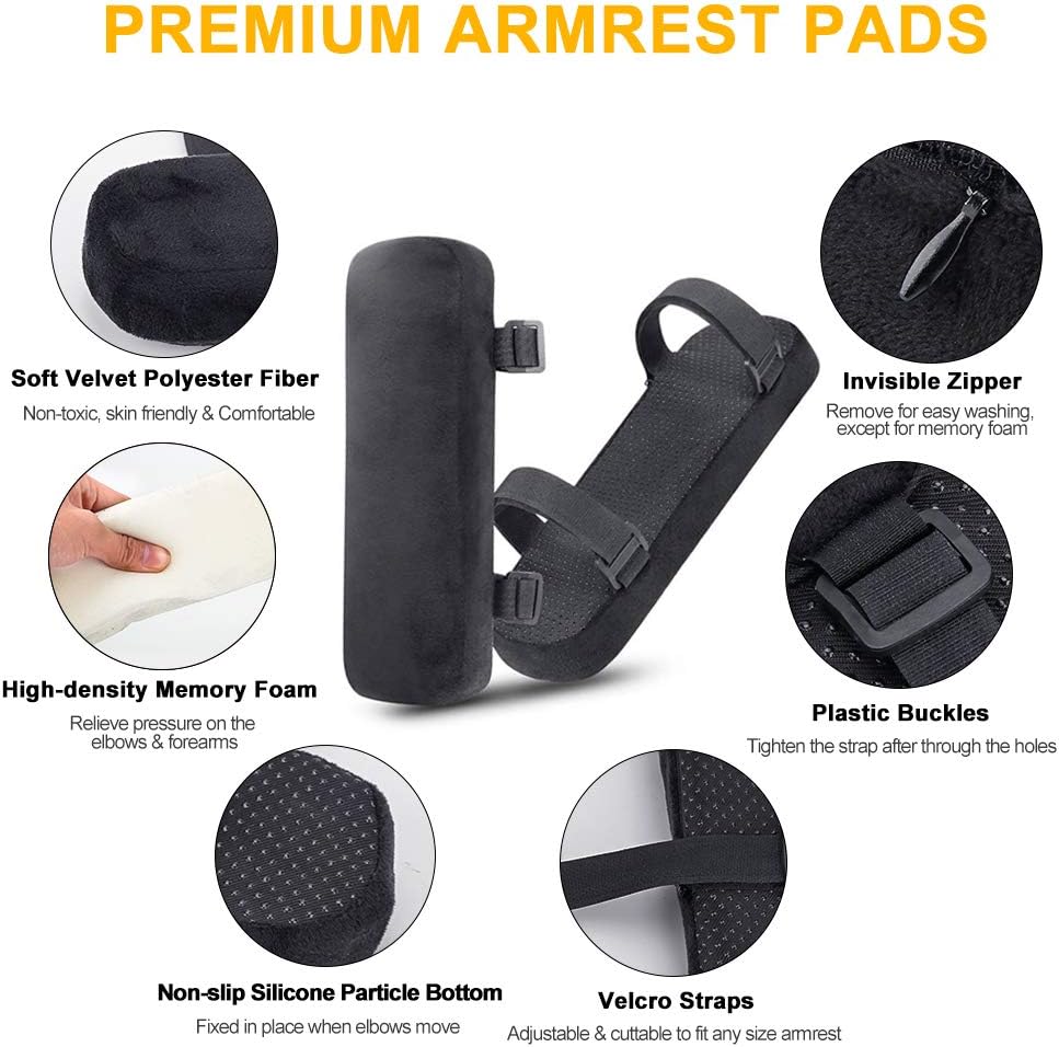 INTSUN Armrest Pad 2Pcs Padded Armrest Cushion Universal Arm Rest Pads with Adjustable Hook & Loop Fastener Elbow Pillow Memory Foam Arm Chair Covers for Office Chair, Wheelchair, Gaming Chair (Black) : Office Products