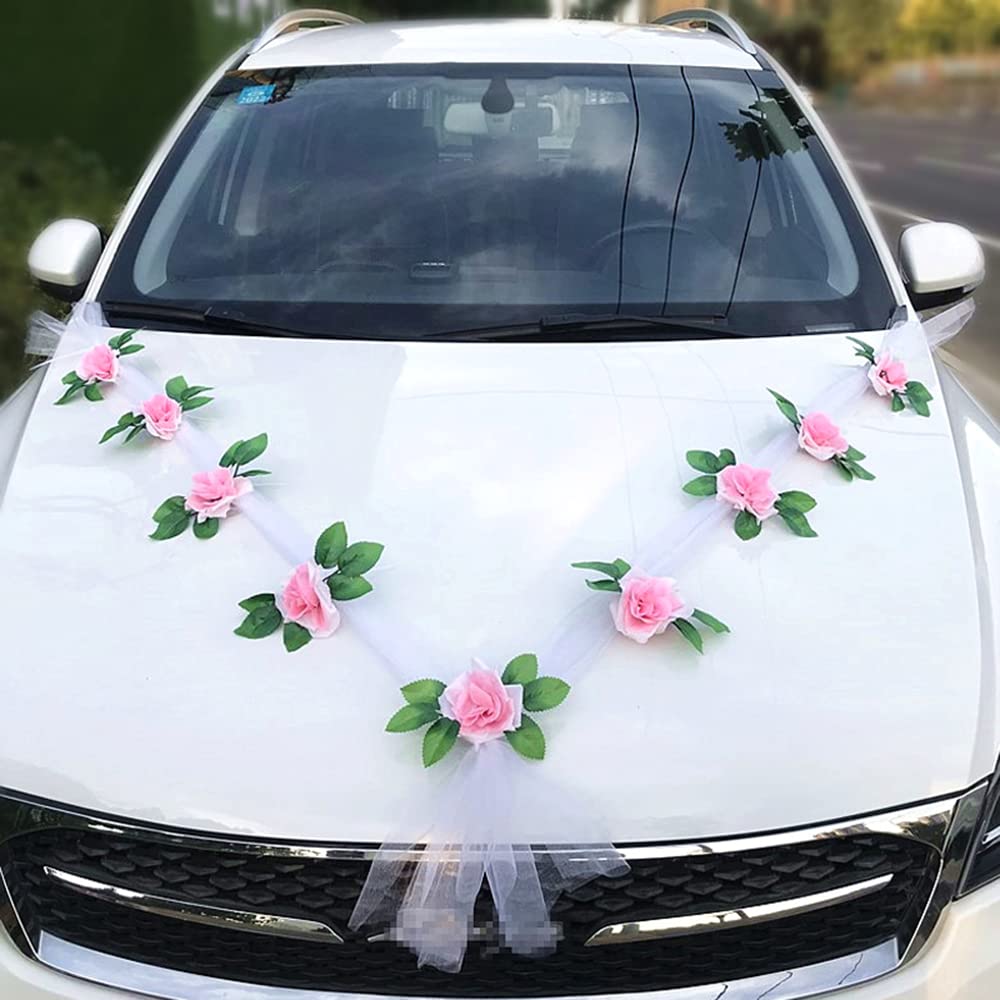 Wedding Car Wedding Decoration Garland,Organza Car Decoration Wedding Car Jewellery Bride Couple Rose Decoration,Wedding Car Decoration Rose Decoration Set,Wedding Jewellery for Wedding,Party,Pink