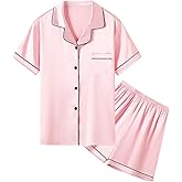 Umeyda Women & Girls Pajamas Set, Soft Satin Lightweight Silk Button-Down Top with Shorts 2 Piece PJS for Mom Boys Kids Gifts