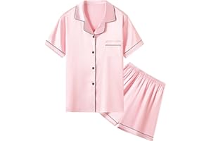 Umeyda Women & Girls Pajamas Set, Soft Satin Lightweight Silk Button-Down Top with Shorts 2 Piece PJS for Mom Boys Kids Gifts