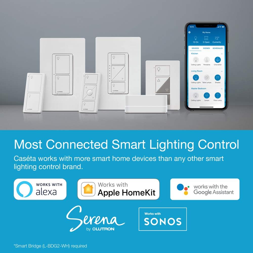 Lutron Caseta Smart Home Switch, Works with Alexa, Apple HomeKit, Google Assistant | 6-Amp, for Ceiling Fans, Exhaust Fans, LED Light Bulbs, Incandescent Bulbs and Halogen Bulbs | PD-6ANS-WH | White - - 