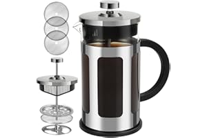 FAVIA 34 Ounce French Press Coffee Maker Heat Resistant Thick Glass with Stainless Steel Coffee Tea Press Dishwasher Safe (34oz, Stainless Silver)