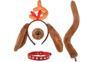 HODRME 4 Pieces Antler Dog Ears and Tail Set-Brown Dog Headband with Collar Nose Tail Christmas Cosplay Halloween Costume Accessoies for Kids and Adults