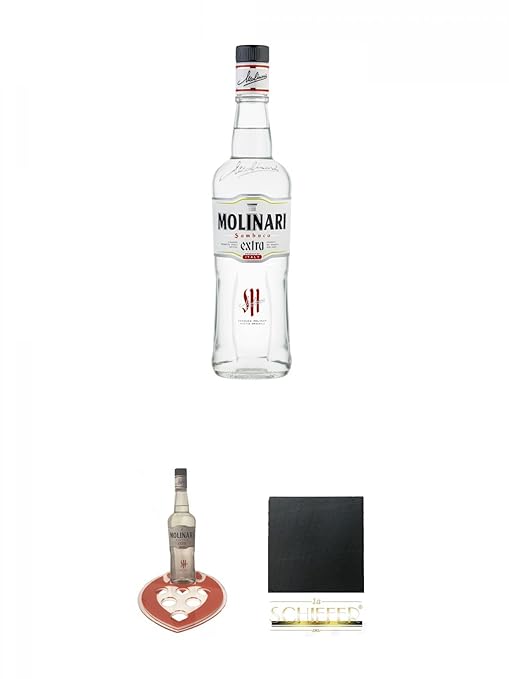 Molinari Sambuca 0,7 Liter + Molinari Sambuca Serviertablett + Schiefer Glasuntersetzer eckig ca. 9,5 cm Durchmesser