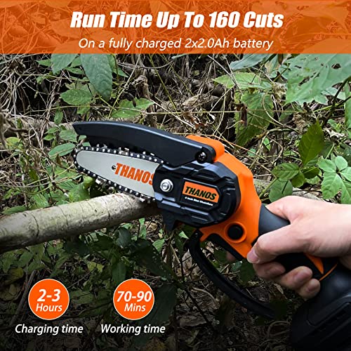 THANOS Mini Chainsaw Cordless,4 inch Electric Chainsaw,Brushless motor,One-Hand Operated Portable Pruning Chain Saw with 2 Batteries & Chains,for Garden Trimming Branch Wood Cutting