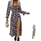 Yazinie Women’s Floral Square Neck Maxi Dress Bubble Long Sleeve Side Slit Flowy Boho Dresses