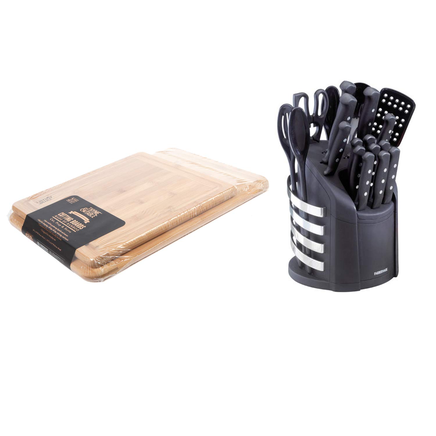 Thyme and Table 2 Pack Bamboo Cutting Boards bundle with Farberware 17-Piece Never Needs Sharpening Knife and Kitchen Tool Set