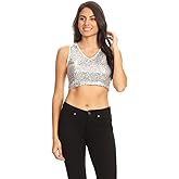 Anna-Kaci Womens Sleeveless Sequin V Neck Cropped Tank Top Clubwear Night Out, Silver
