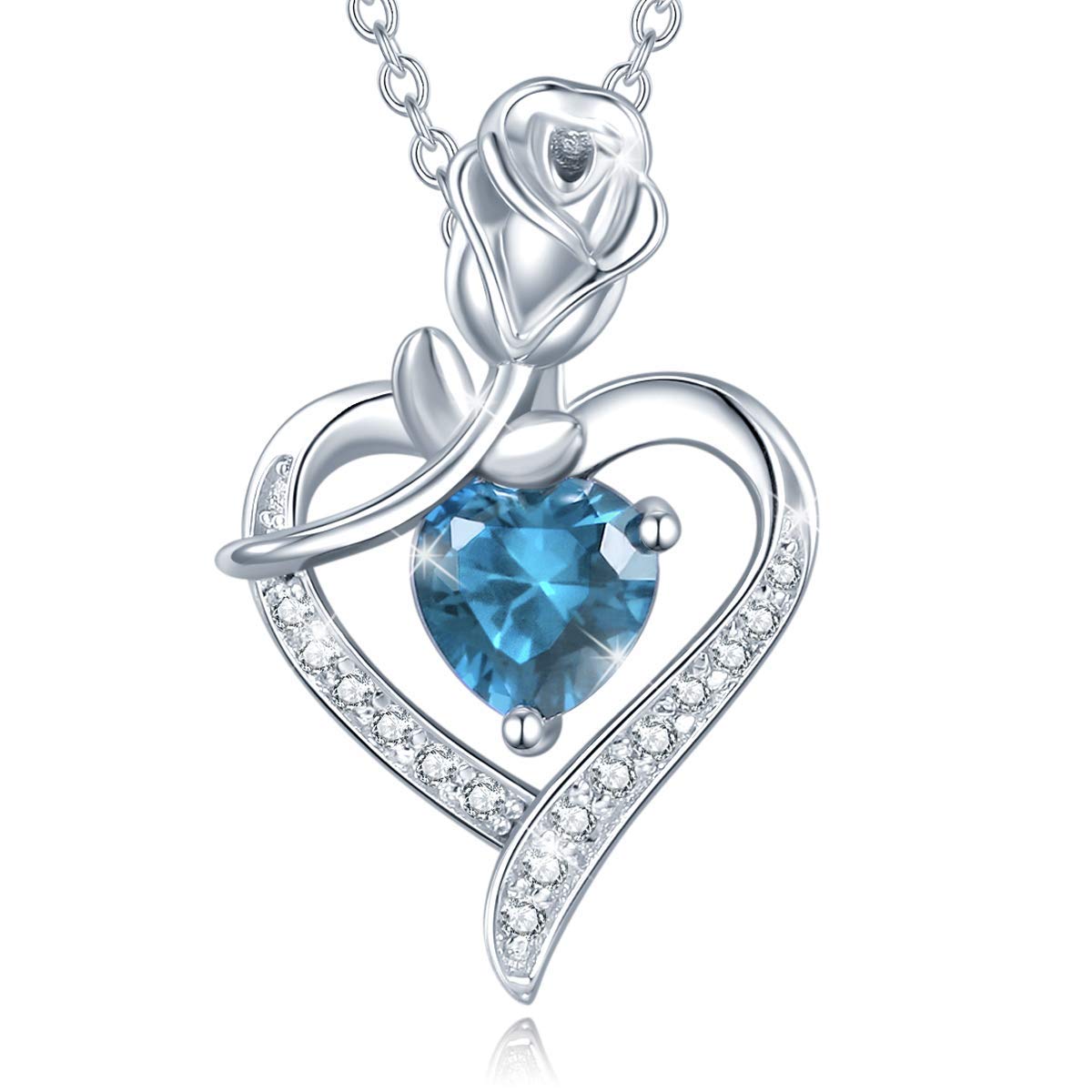 FANCIME 925 Sterling Silver November Birthstone Necklace Rose Heart Natural London Blue Topaz Necklace with Fine Jewellery Box Christmas Birthday Valentine's Day Mother's Day Present for Women Mother