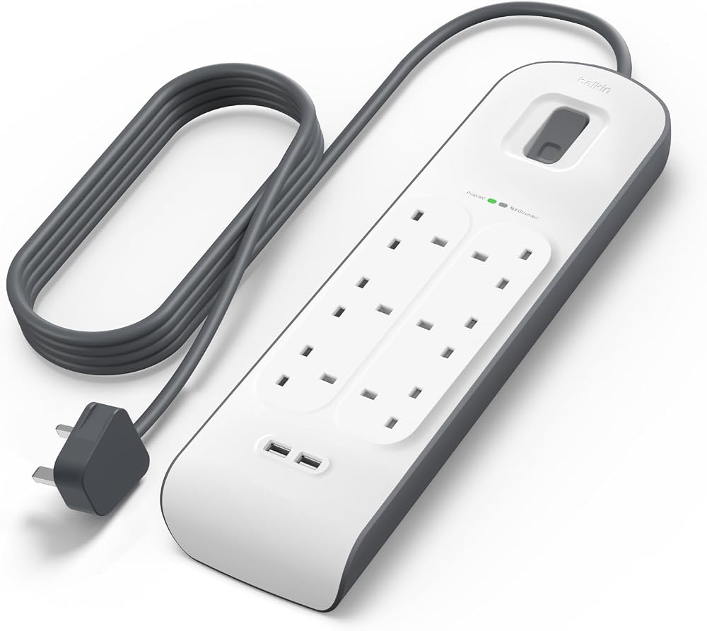 Belkin 6 Way Extension Lead with USB 2 Ports 2.4 A Surge Protected 2 m White