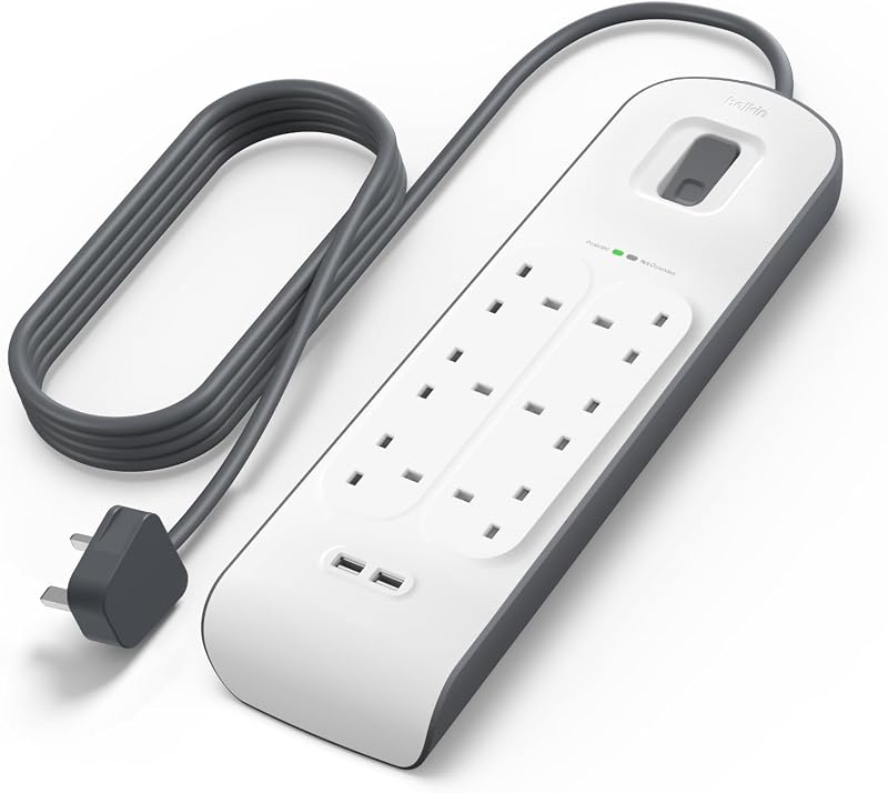 Belkin 6 Way Extension Lead with USB 2 Ports 2.4 A Surge Protected 2 m White