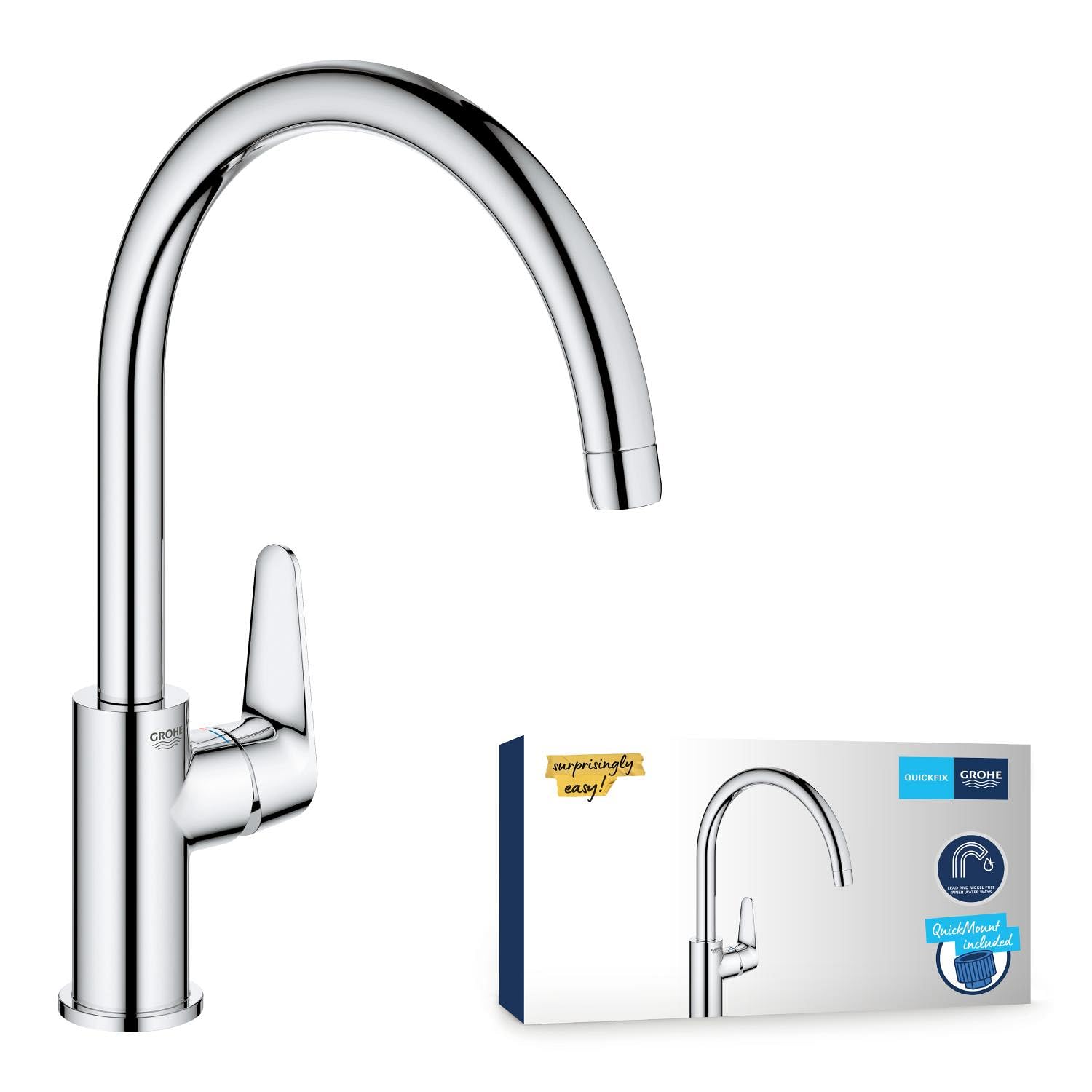 GROHE Start Curve Quickfix Single-Lever Sink Mixer with High C-Spout with 360° Swivel Area, Chrome Easy To Fit with Quickmount 31554001