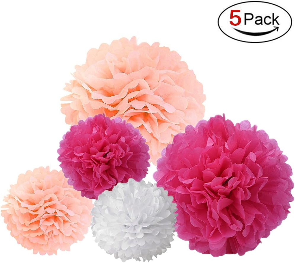 LOOTO 5pcs Tissue Paper Pom Poms/ Tissue Paper Flowers (hot pink)